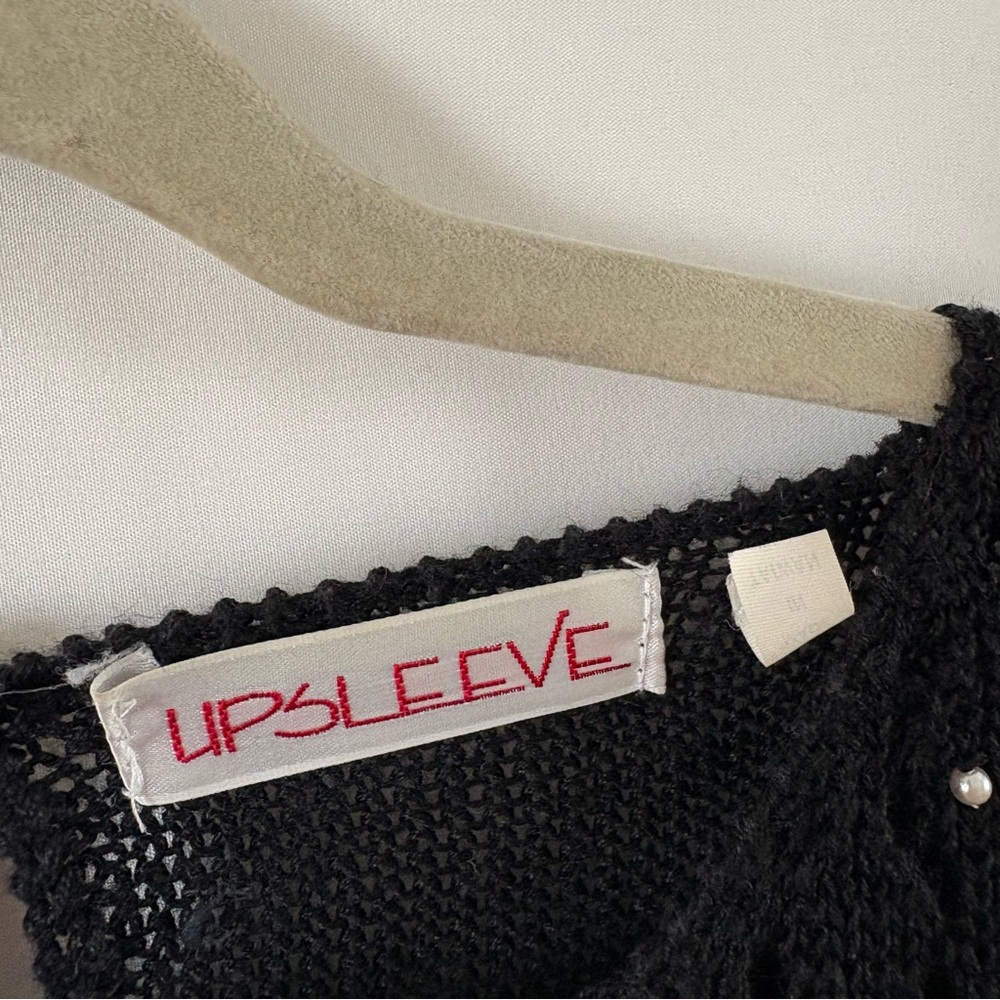 Vintage 80s black knit blouse pearl detailing small medium puff sleeve top - Picture 3 of 5